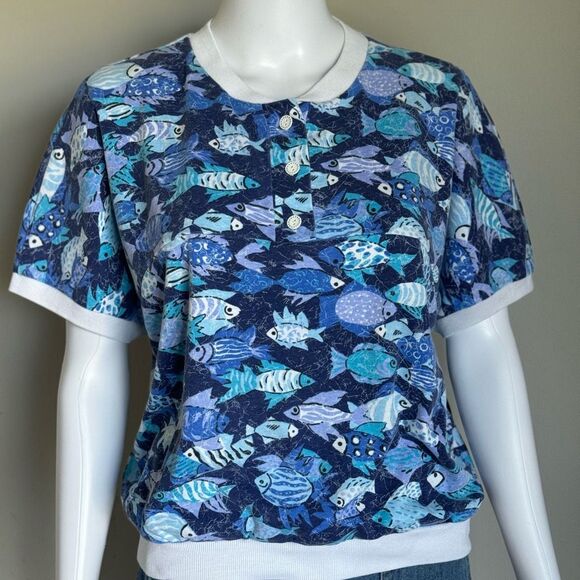 Vintage Fish Print Design Polo Style T-Shirt - Picture 1 of 8